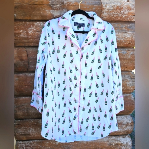 Toss Designs White Champagne Cotton Button up Nightgown Dress Pajamas Pink Trim - Picture 1 of 12